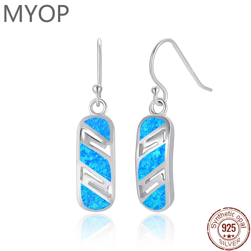 

MYOP 925 Sterling Silver Long Drop Earrings Fashion Modern Women Unique Style Wedding Blue Fire Opal