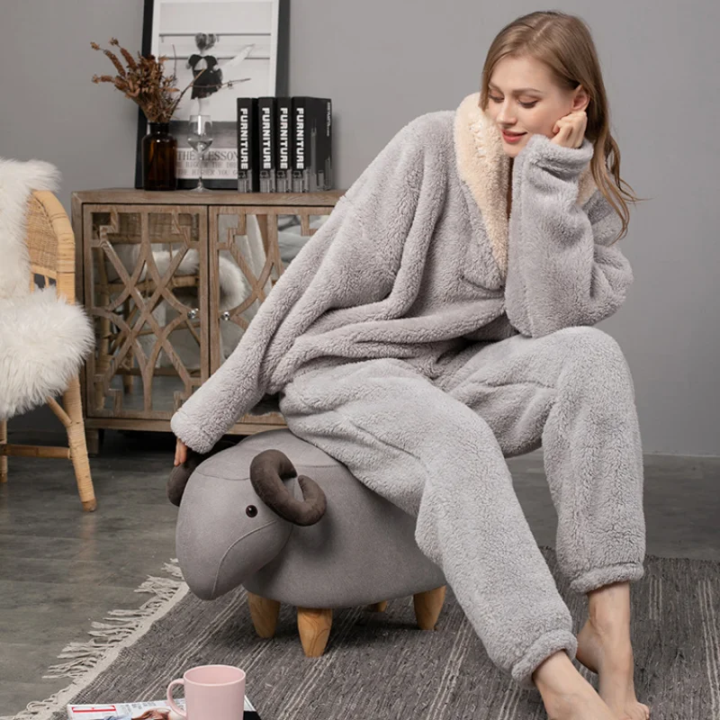 New Pajama Sets Women's Solid Long Sleeve Winter Woman Fluffy Pijama Suit with Pants Thick Warm Fleece Home Clothes for Female