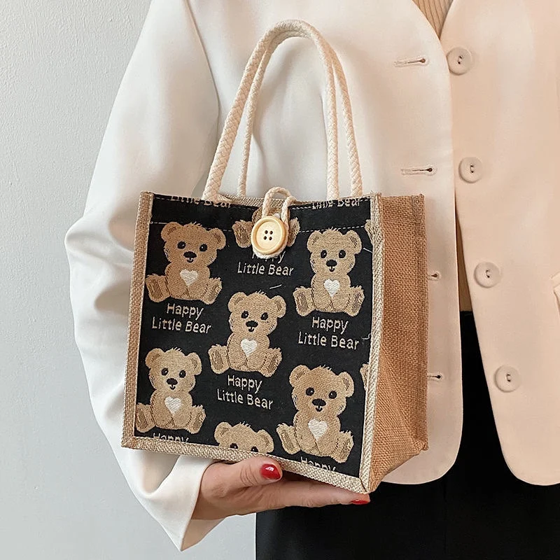 

Women Cute Bear Pattern Shoulder Bag Flax Girl Student Handbag Mini Outdoor Handbag Casual Lunch Bag Underarm bag