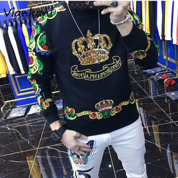 

Men Blouse Spring and Autumn New Heavy Industry Embroidered Crown Men's Wear Long Sleeve T-Shirts Crewneck Backing Shirt Tops