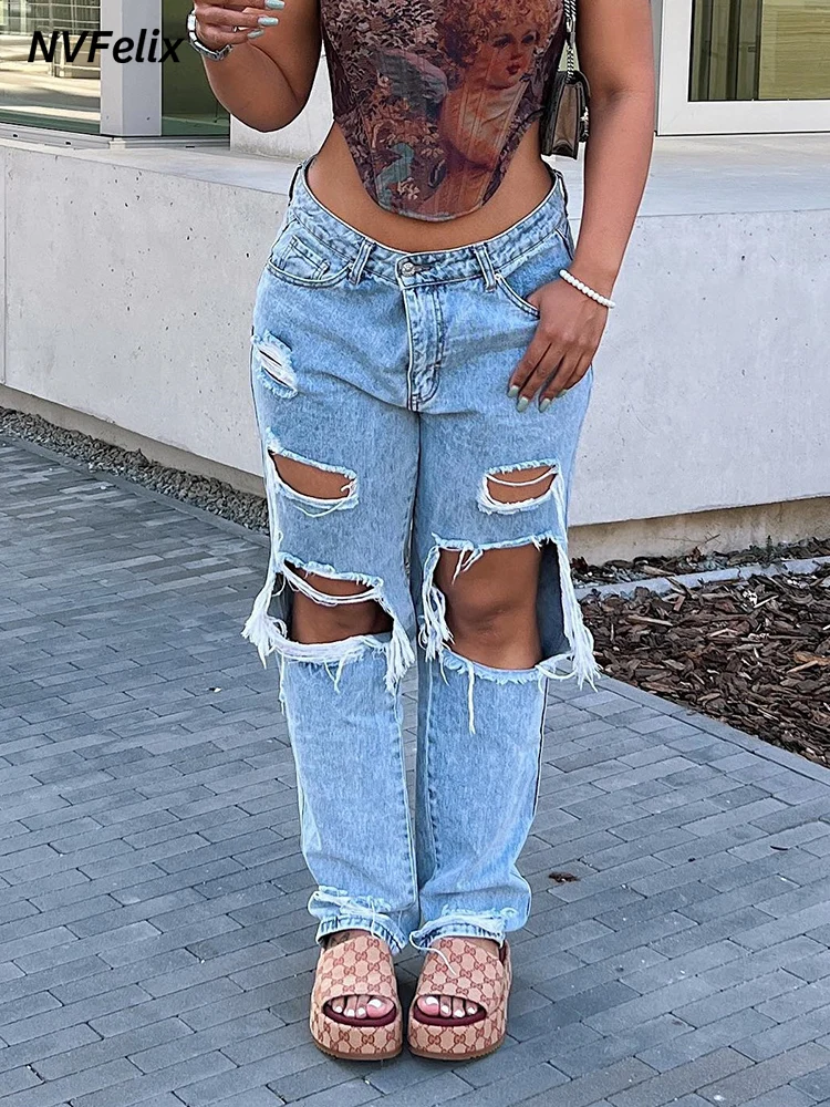 Women High Waist Ripped Jeans Baggy Straight Wide Leg Casual Comfy Aesthetic Fashion Denim Trousers Female Clothing Y2k Style  - buy with discount