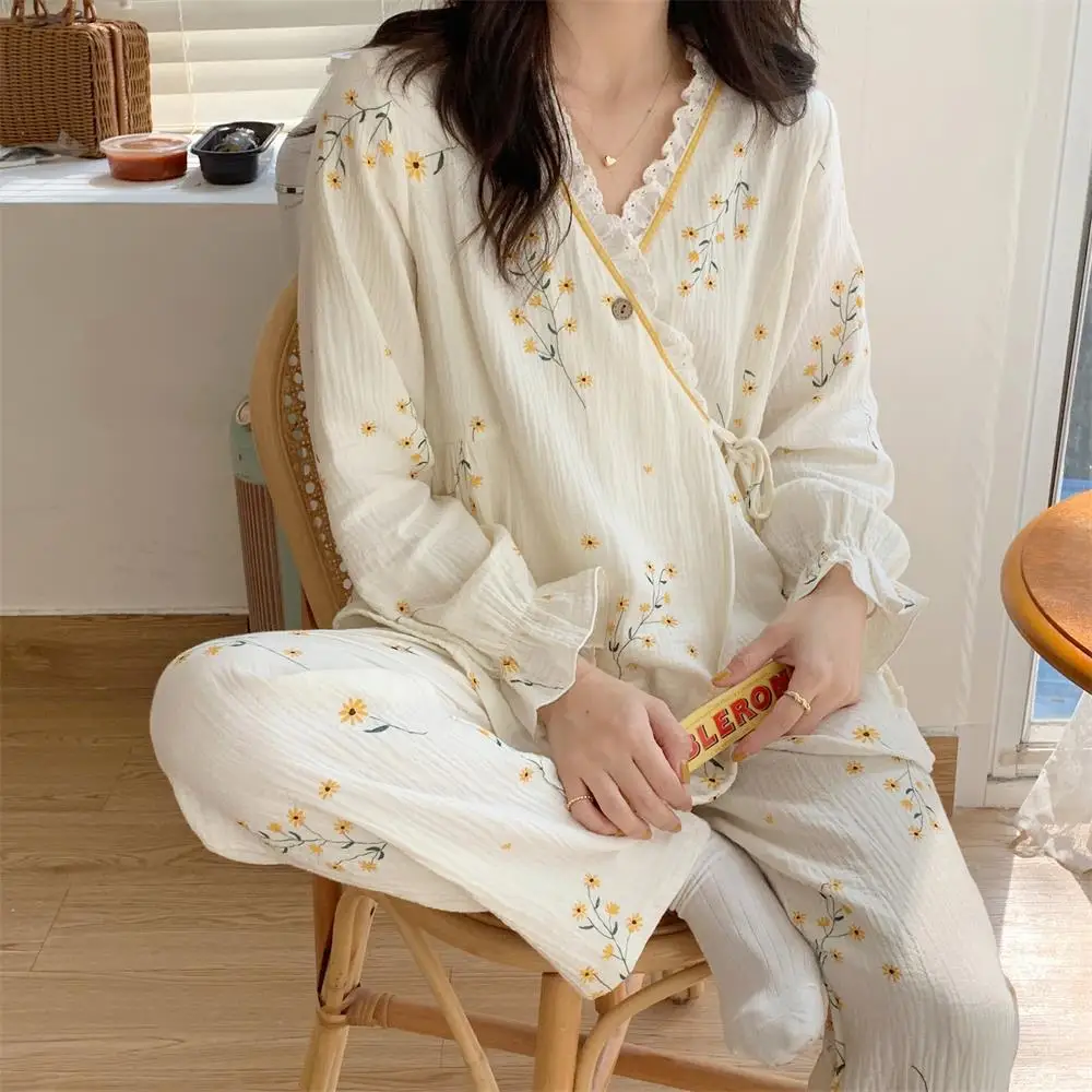 Pure Cotton Gauze Maternity Breastfeeding Nursing Clothing Spring Summer New Thin Breathable Floral Pajamas Suit