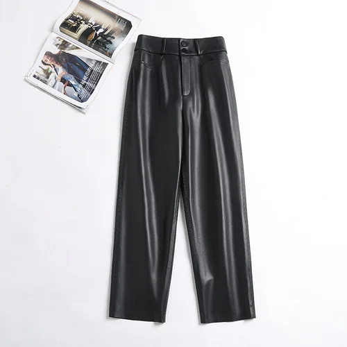 

Luxury brand Sheepskin Leather Loose Trousers Korean Style Straight Pants Streetwear Women Pantalones De Mujer Cintura Alta Zm