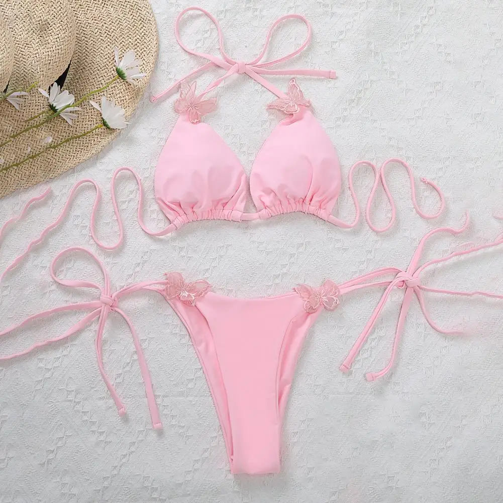 

Lace Up 2 Pcs/Set Chic Comfortable Summer Bikini Beachwear Bikini Set Pure Colors for Holiday