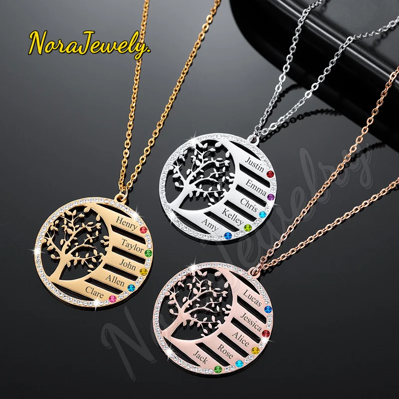 NORAJewelry Personalized Family Tree Name Necklace With Birthstone Crystal Pendant Engrave Name Chain Stainless Steel Jewelry