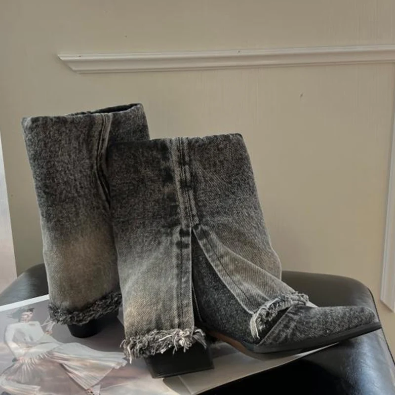 Женские ковбойские ботинки челси до середины икры с острым носком дизайнерская