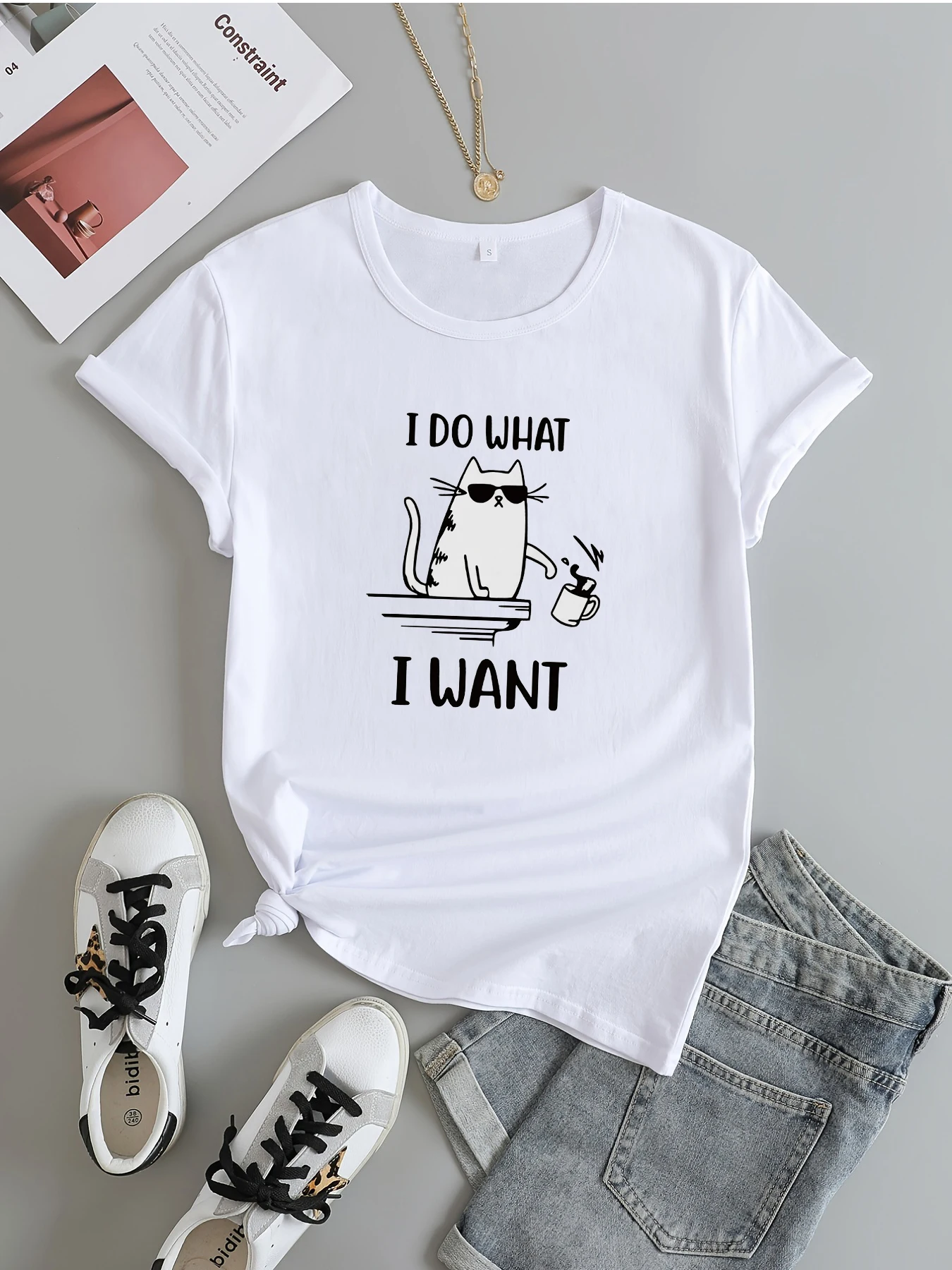 

Футболка женская с забавным принтом кота, белый популярный летний топ в минималистичном стиле «I DO WHAT I WANT», удобная свободная рубашка, Пряма...