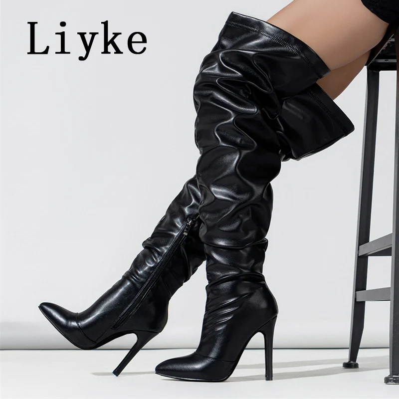 Женские Кожаные ботфорты на шпильке с острым носком молнии