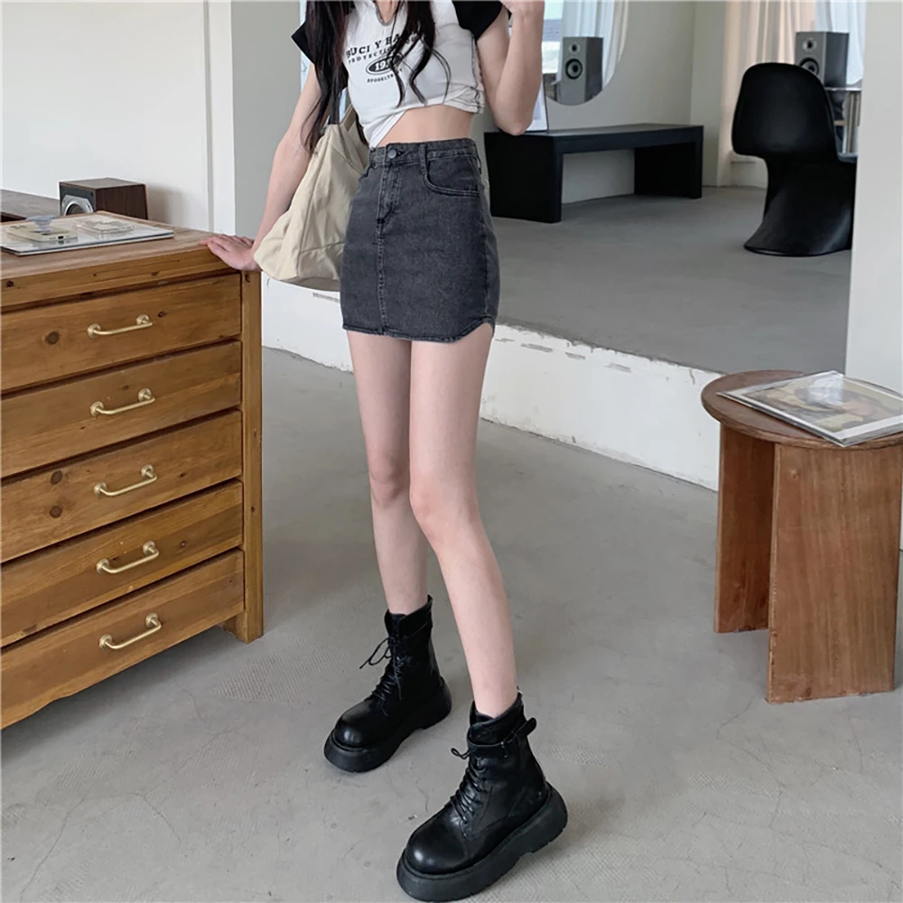 Женская Облегающая Джинсовая Мини-юбка С Высокой Талией Трапециевидной Формы