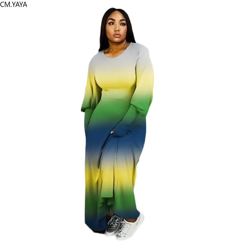 CM.YAYA Women Gradient Print Lantern Long Sleeve O-neck A-line Bodycon Maxi Dress Streewear Active Wear Dresses | Женская одежда