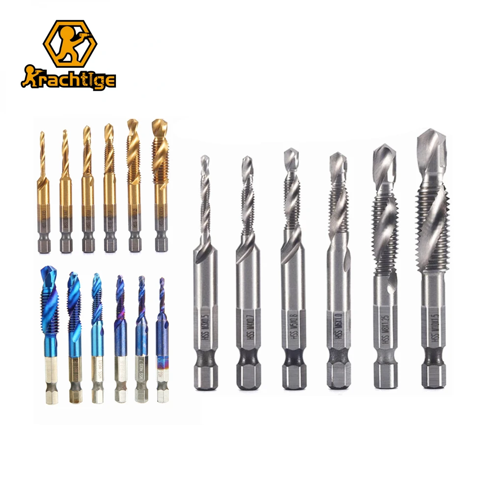 Krachtige 6Pcs M3 M4 M5 M6 M8 M10 Titanium Plated HSS Screw Thread Metric Tap Drill Bits Hex Shank ompound tap