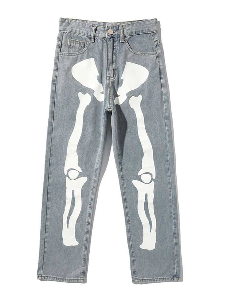 Wide Leg Baggy Jeans Men Aesthetic Skeleton Y2k Jeans Streetwear Oversized Graphic Black Printed High Waisted Light Blue Hip Hop