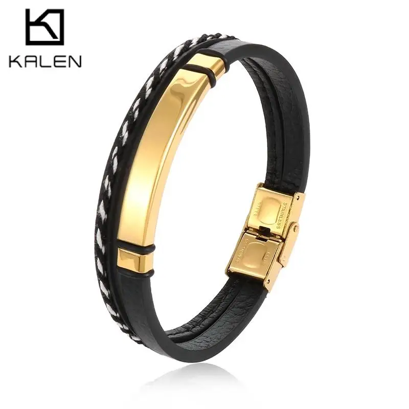 

Luxury Layered Art Light Leather Bracelet for Men Black Stainless Steel HipHop Personalized Bar Bangle Causal Party Jewelry Gift