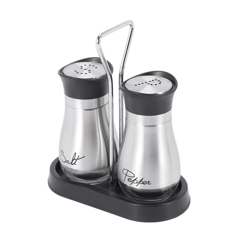 

Salt and Pepper Shakers Set - High Grade Stainless Steel with Glass Bottom and 4 inch Stand - 4 inch x 6 inch x 2 inch, 4 Oz.