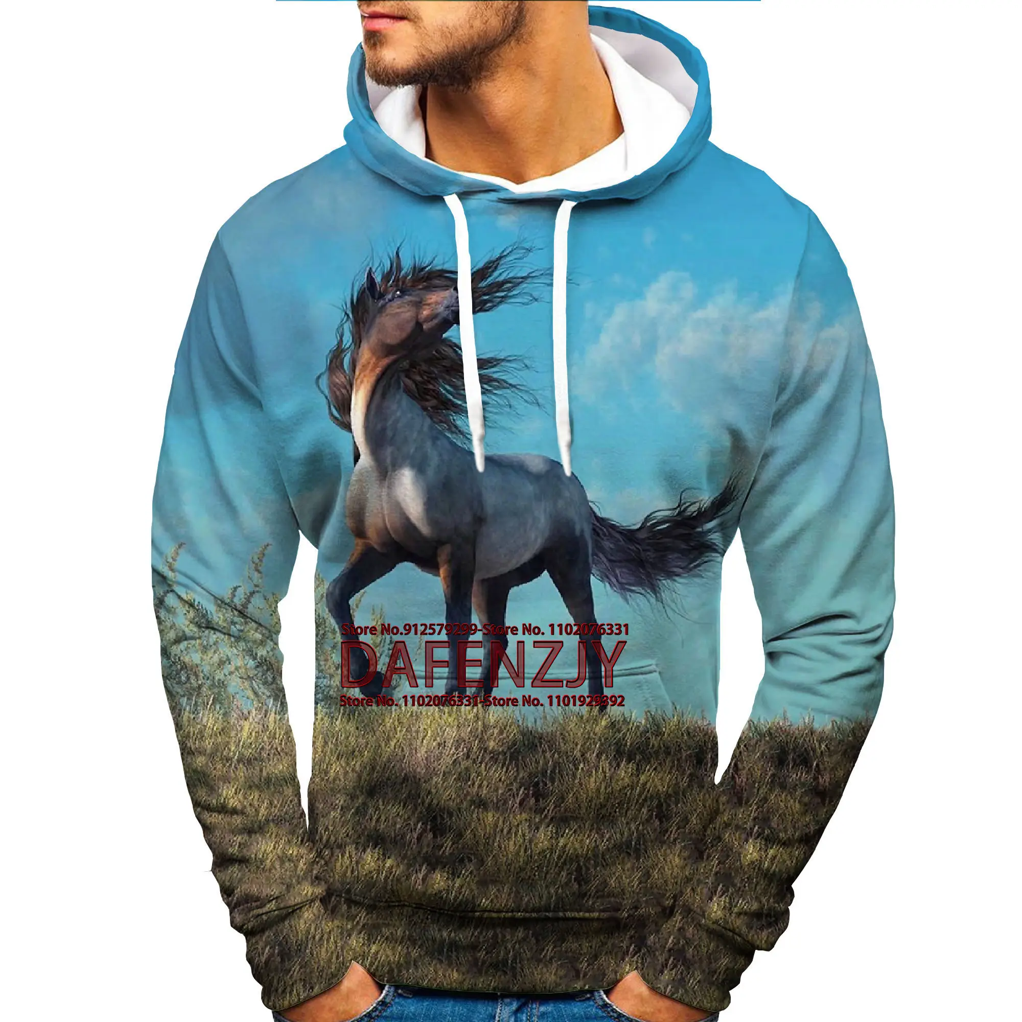 2023 Fashion Horse 3d Printed Hoodies Men's Harajuku Long Sleeve O-Neck Animal Hoodie Hood Sweatshirt