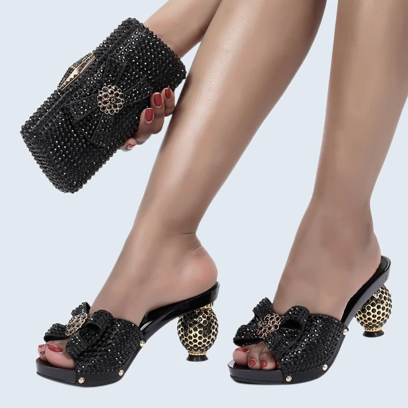 2022 Newest Summer Ladies High Quality High-heel Slippers Wholesale Rhinestone Shoe Bag Sets Suit for Banquet Party