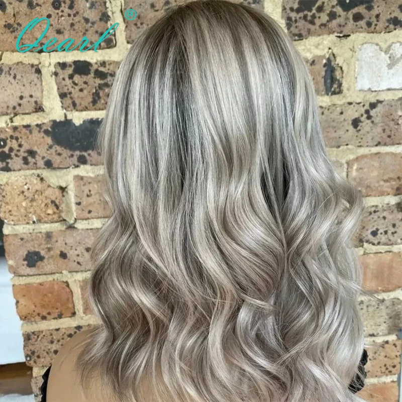 Brazilian Human Hair Wig Sale Free Shipping Ash Blonde with Light Grey Highlights Colored Lace Frontal Wigs 13x4 Virgin Qearl