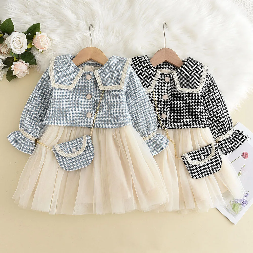 

2023 Autumn New Girls' Princess Lovely Plaid Top Dress+Retro Coat Patchwork Set Fashion Casual Pastoral Soft Comfortable Set