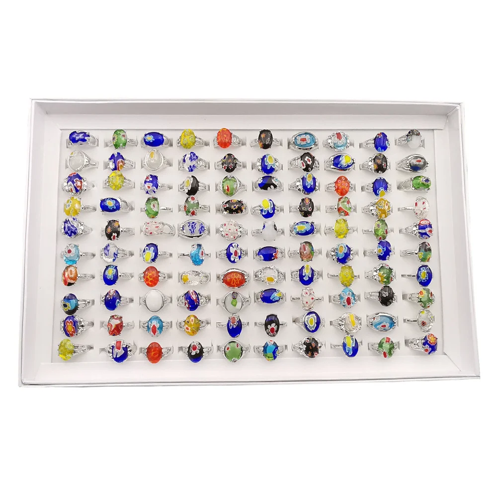 

100pcs/lot Mixed Flower Glass Crystal Stone Geometric Silver Color Ring for Women Men Party Fashion Jewelry Gift Wholesale