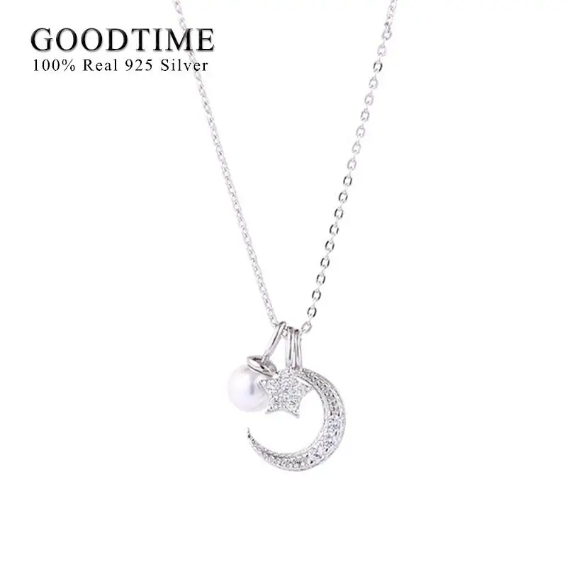 

Luxury Women Pendant 925 Sterling Silver Freshwater Pearl Moon & Star Necklace Jewelry Anniversary Accessories Gift For Lover