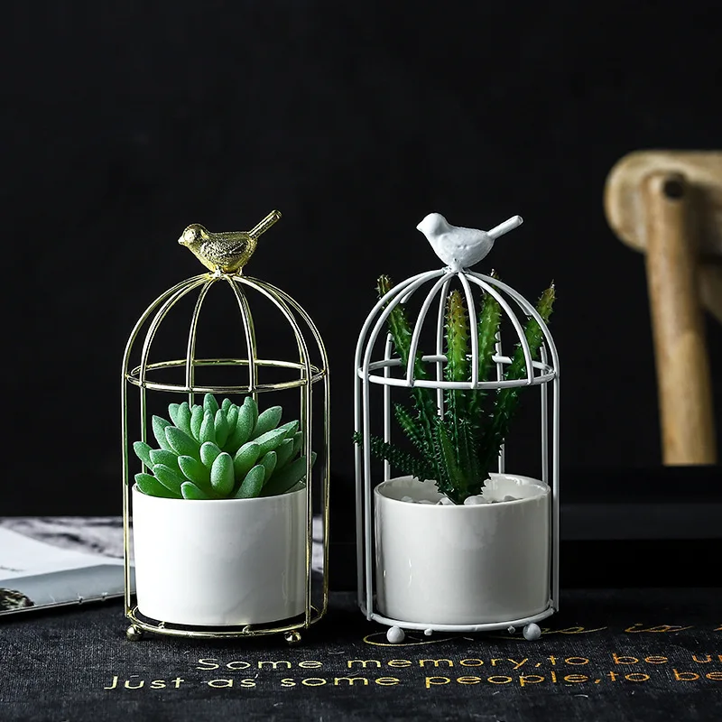 

Light Luxury Iron Succulent Flower Pot Gold-Plated Bird Cage Iron Frame Vase Nordic Gold Iron Ceramic Hydroponic Flowerpot