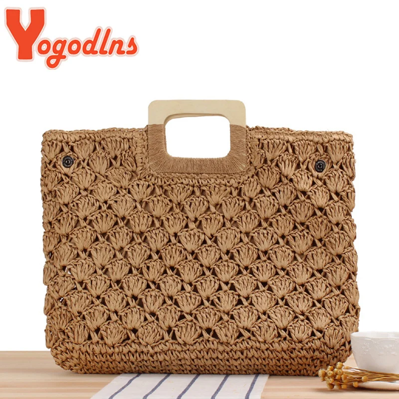 

2023 Retro Hand-woven Straw Bag For Women Wooden Handle Bag Large Capacity Rattan Beach Bags Holiday Seaside Bag Summer Tote