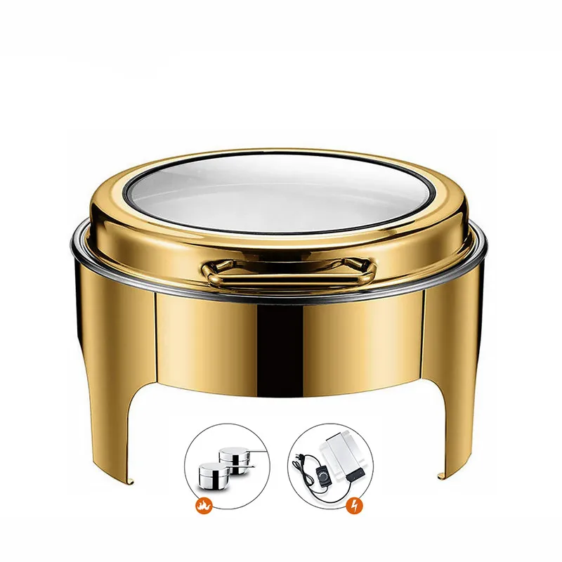 

Electric buffet hot pot food warmer set round hydraulic luxury gold catering stainless steel cheffing chafing dish buffet set