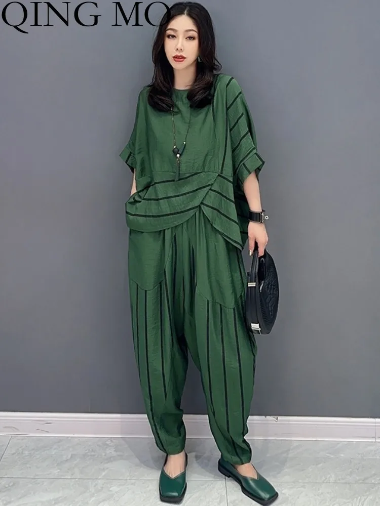 

QING MO 2023 Summer New Korean Casual Shirt + Pants Two Piece Set Women Green Black Matching Set ZXF2535