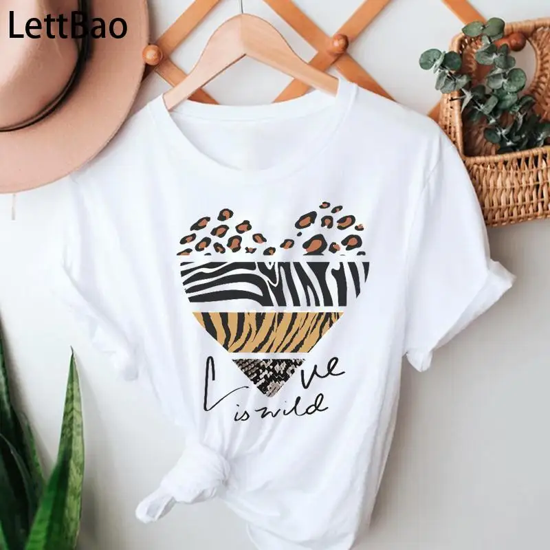 

Leopard Love Heart Women T-shirts Fashion Summer 90s Clothing Short Sleeve Tshirts Harajuku Funny Tops Short Sleeve T-Shirts