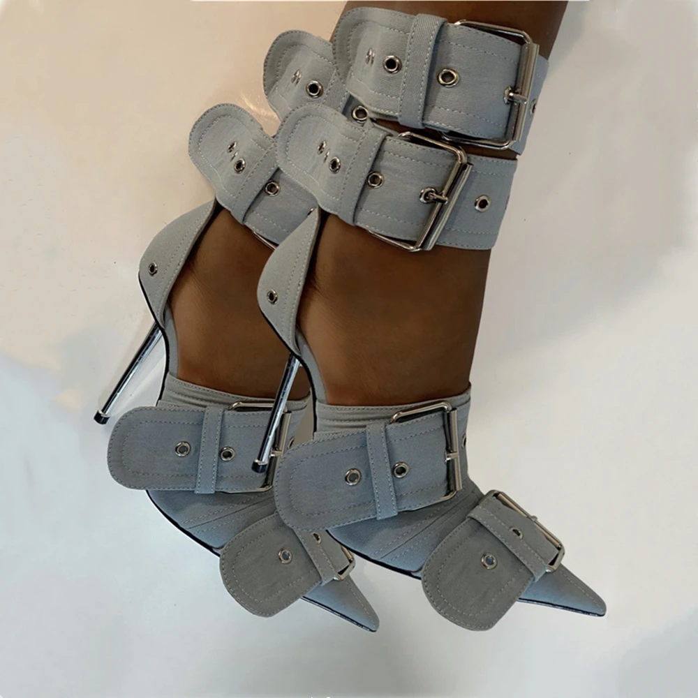 Women's Sexy Denim Metal Buckle Design Pointy Hollow Wide Ankle Strap Stiletto Heel Sandals Over-The-Knee Boots High Heel Shoes
