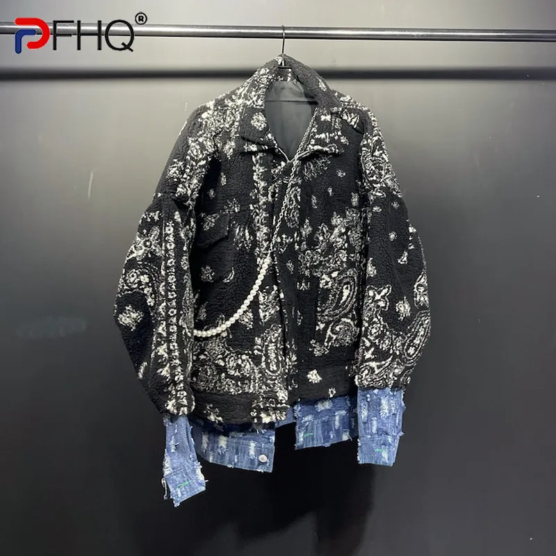 

PFHQ Hem Denim Splicing Wornout Asymmetric Niche Design Men's Jacket High Quality Street Wear Loose Hip -hop Trendy 2023 Coat