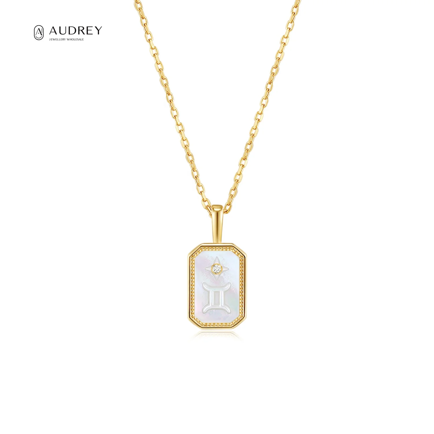 

Audrey Fine Jewelry Supplier 14K Gold Plated Jewelry 925 Silver Jewelry Zircon Zodiac Gemini Pendant Necklace Chain