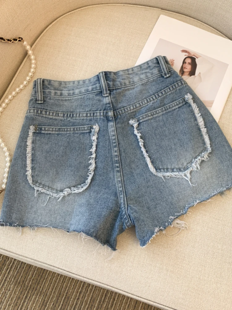 New Summer Wide Leg Denim Shorts Women Fashion High Waist Pockets Jean Shorts Lady Casual Solid Color Shorts