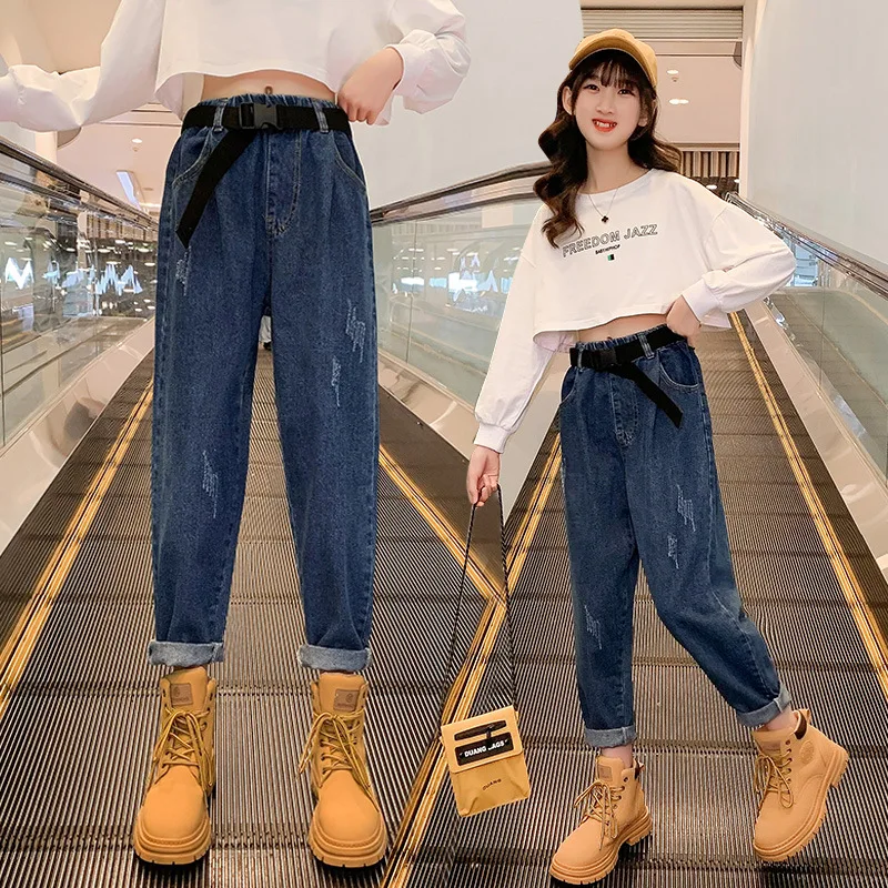 

Джинсы для девочек с высокой талией, джинсовые уличные брюки, детские свободные и повседневные универсальные модные прямые брюки для детей,...