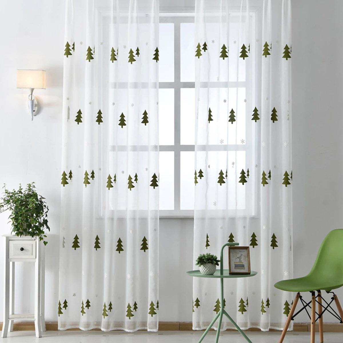 Zasłona choinkowa do salonu przezroczysta tiulowa zasłona z woalu haftowana dekoracja świąteczna 1 szt