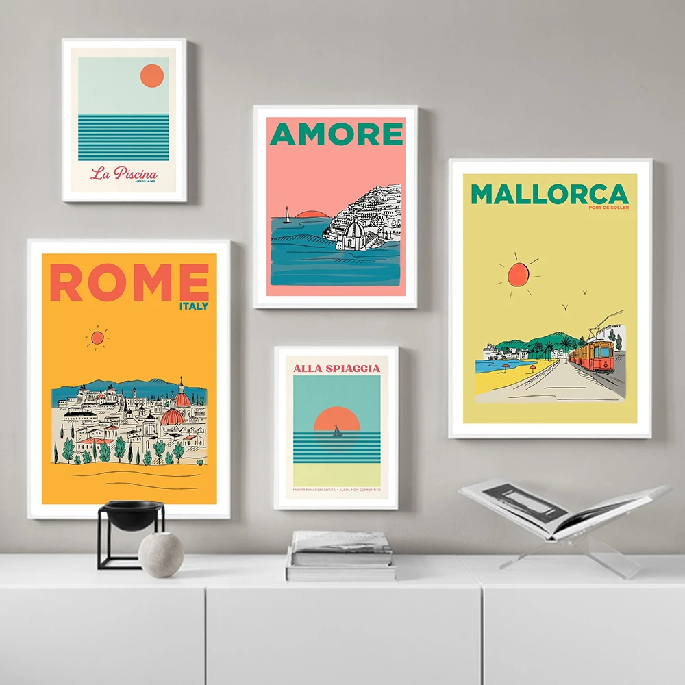 

Roma Amore Mallorca Beach Sunset Canvas Painting Summer Travel Landscape Illustration Art Poster Modern Home Decor Living Room