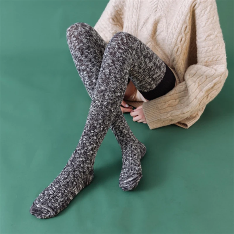 

New Women Winter Cable Knit Over Knee Long Boot Stitching color Warm Stockings Candy Color Cute Tights Party Christmas Long Sock