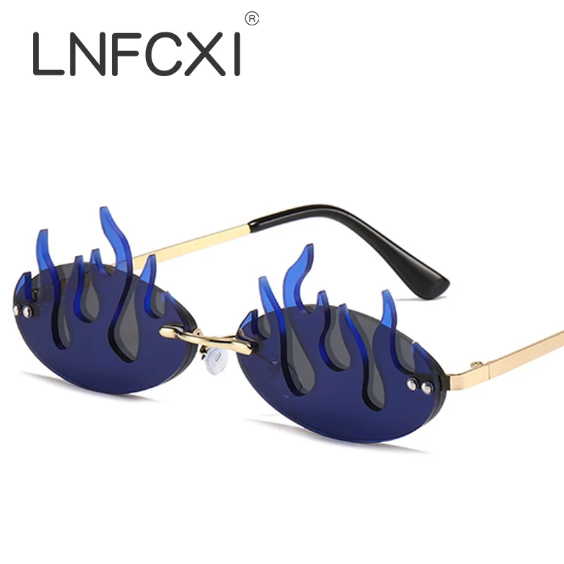 

УНИКАЛЬНЫЕ Солнцезащитные очки LNFCXI в стиле ретро овальной формы с эффектом пламени, женские очки с двойными синими и красными линзами, солн...