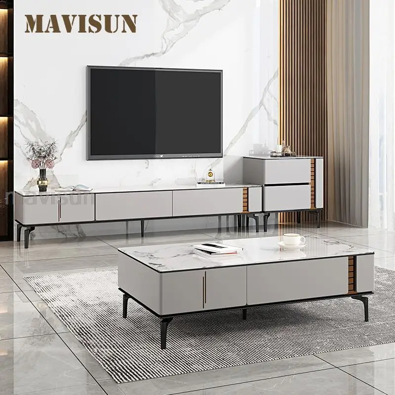 

Light Luxury TV Cabinet With Storage Drawers Round Corner Design White Rock Slabs Smooth Texture Coffee Table For Living Room