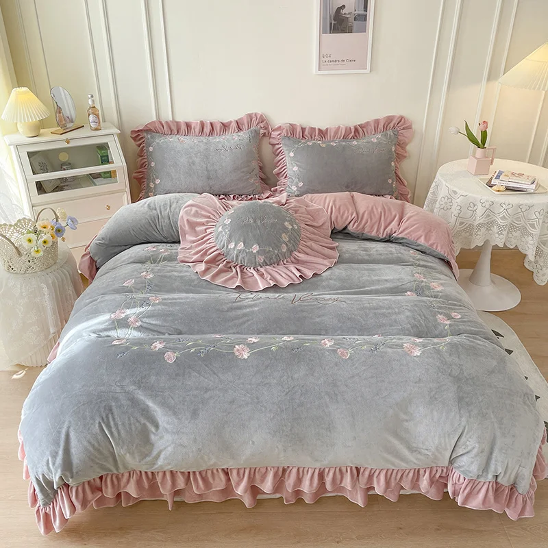 

Flowers Embroidery Princess Bedding Shaggy Velvet Fleece Ruffles Duvet Quilt Cover Set Bed Skirt Bedspread Pillowcases