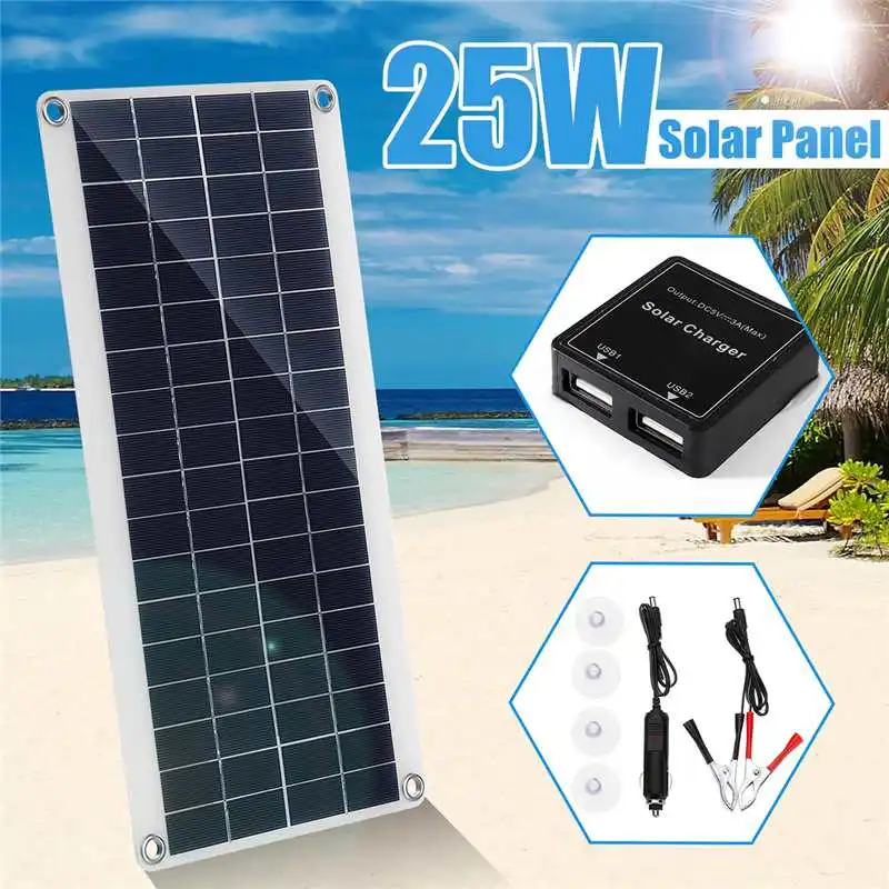 

25W Solar Panel 12V Dual USB Charging Solar Cell Board Portable Solar Power Bank for Phone RV Car MP3 PAD Solar Panel Tourism
