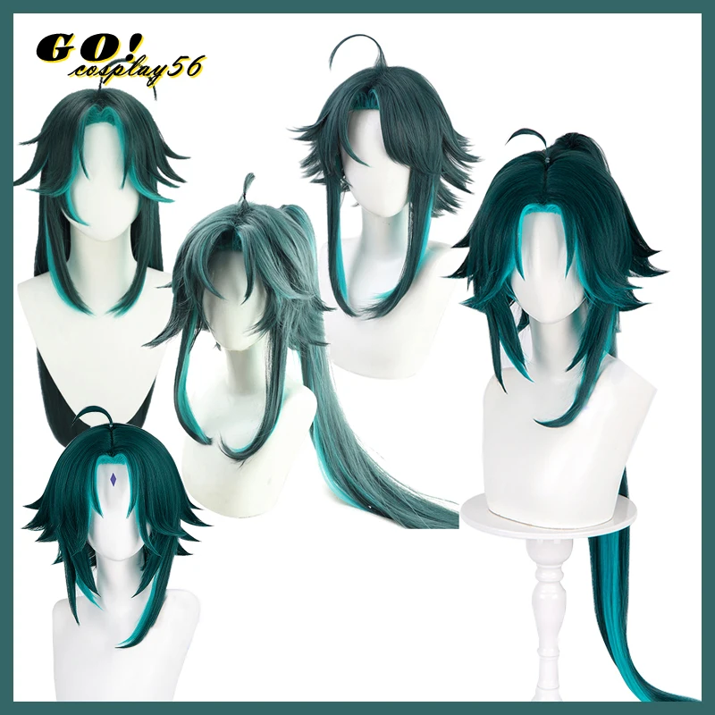 Парик для косплея Genshin Impact Xiao 100 см длинный прямой темно-зеленый термостойкий