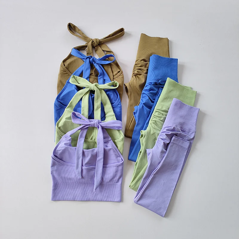 

Спортивные Леггинсы для фитнеса с высокой талией, комплект спортивных бюстгальтеров, нижнее белье с вырезом, плотные персиковые штаны для занятий йогой, спортивный костюм