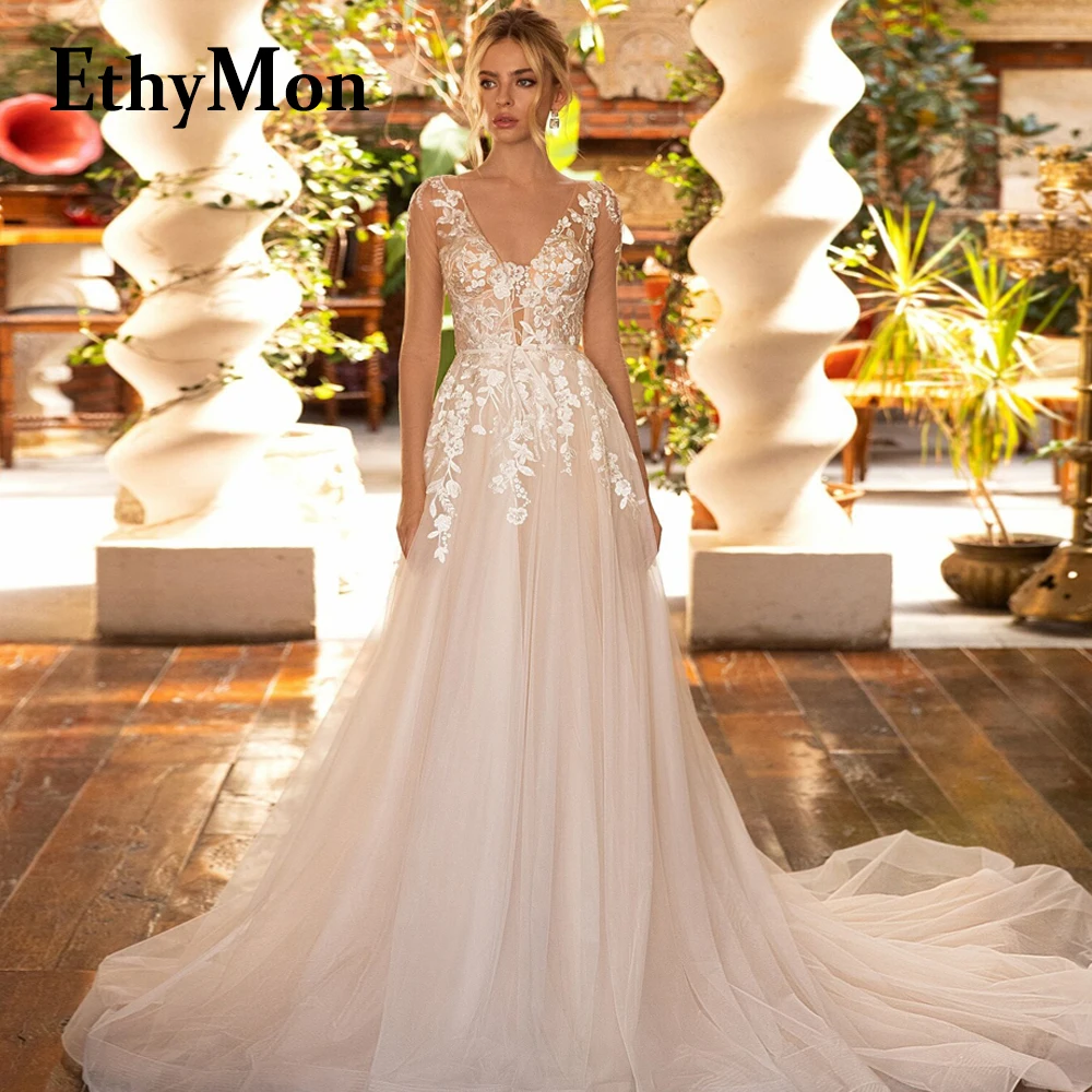 

Ethymon Trendy A-line Brides Wedding Dresses V-neck Lace Appliques Long Sleeves Illusion Court Train Abito Da Sposa Customized