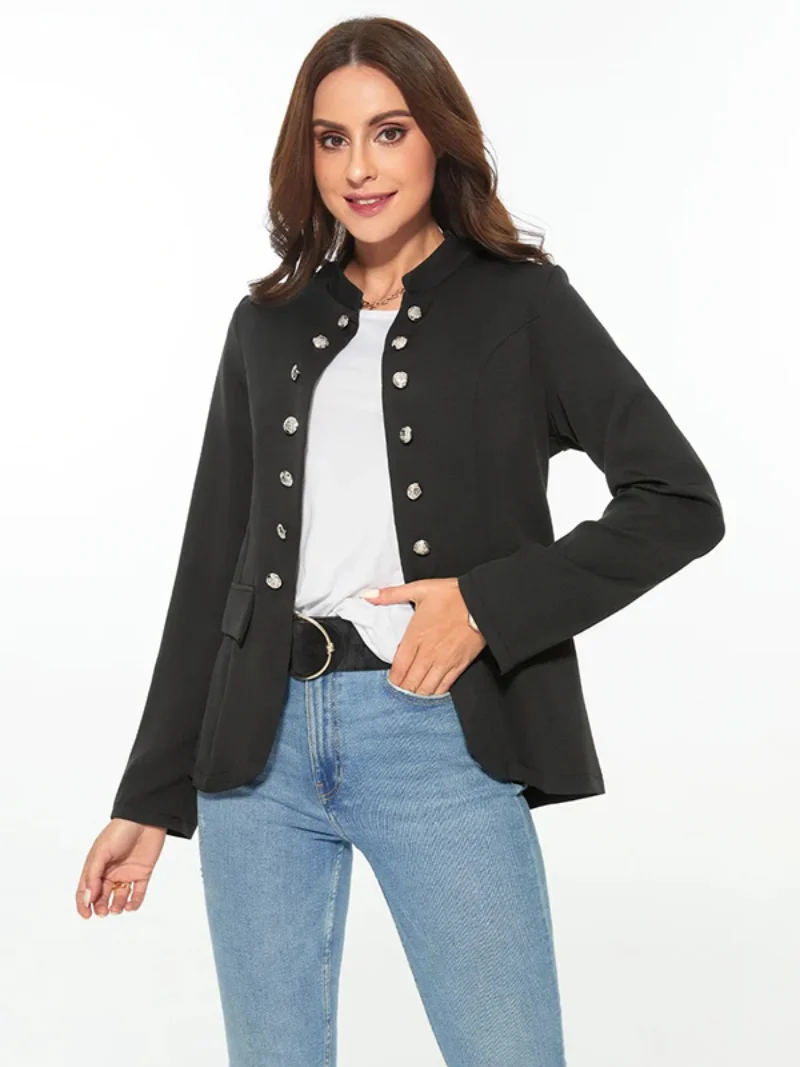 

Uoozee Female Casual Long Sleeves Fashion Buttoned Stand Collar Jackets Outerwear For Women Office Lady 2023 New