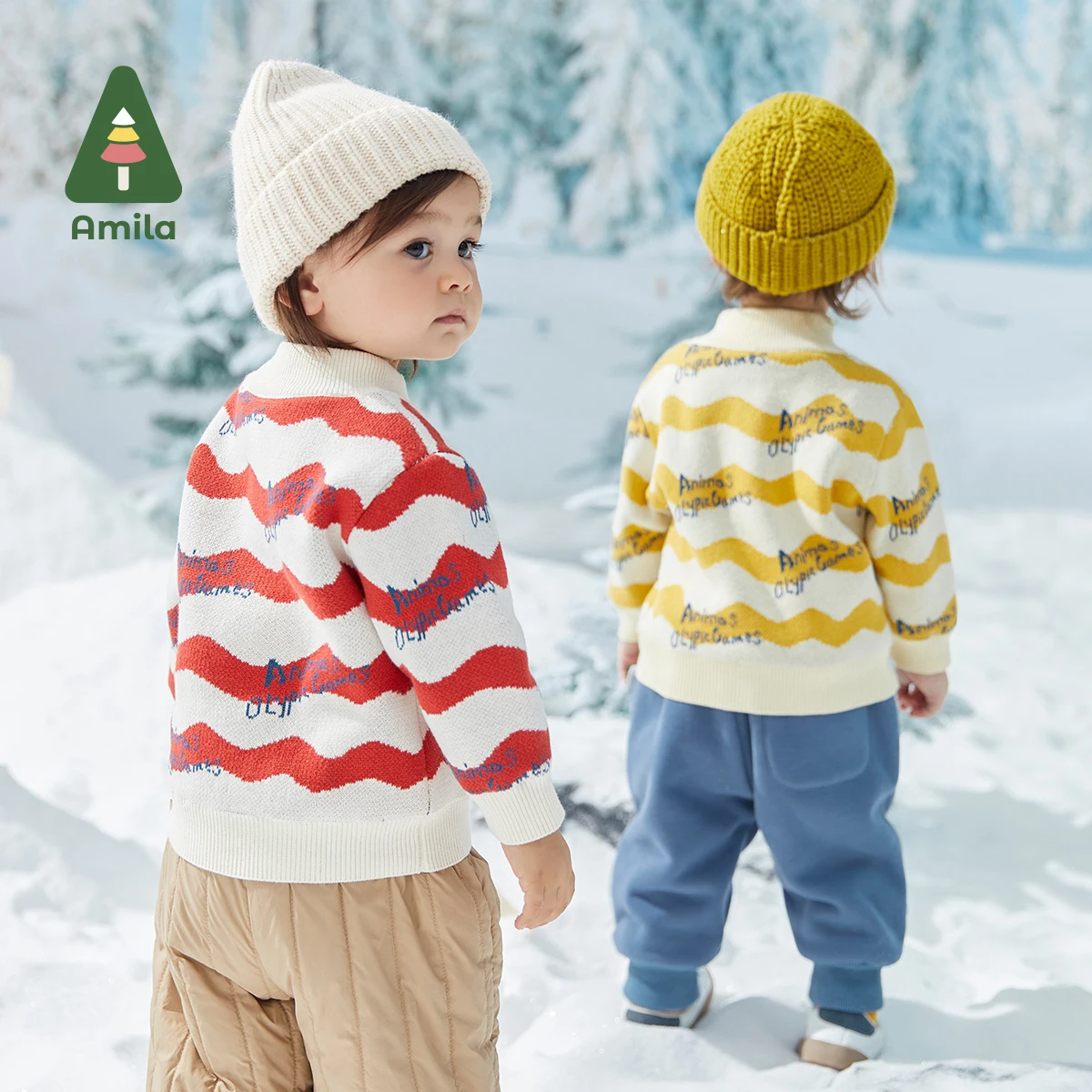 

Детские свитера Amila, новинка зимы 2022, пуловер в полоску с круглым вырезом для мальчиков и девочек, свитер с воротником-хомутом