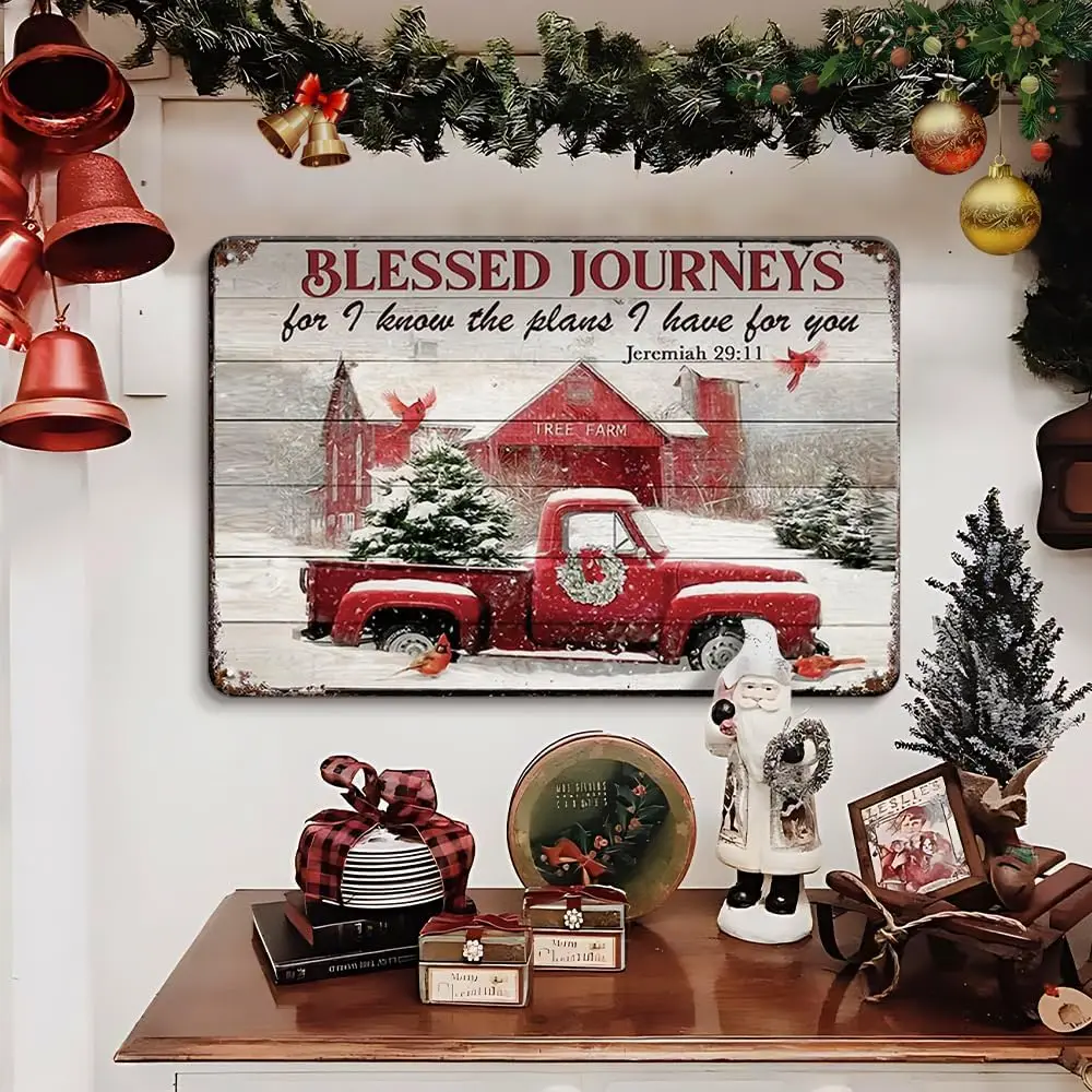 Red Truck Brn Crdnl Blessed Journeys Merry Chrstms Metl Sgn