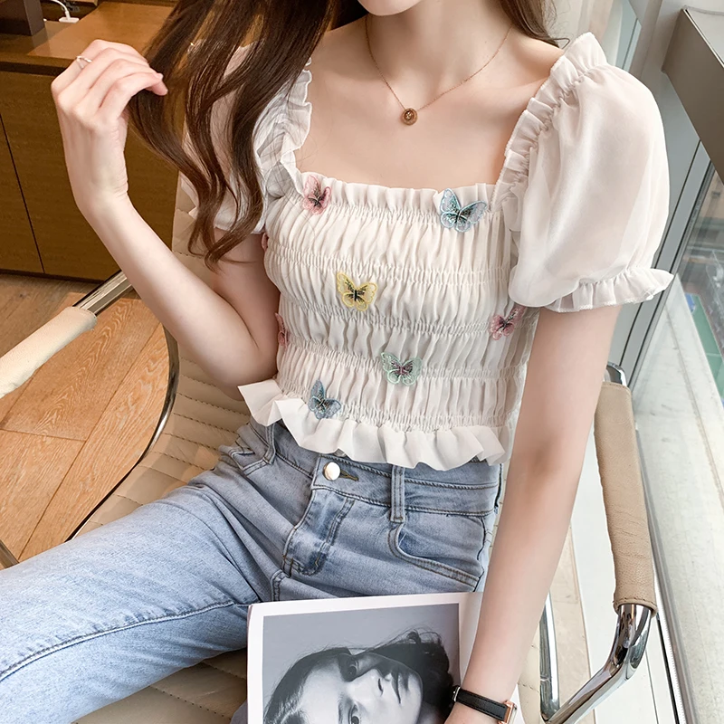 

Black White Chiffon Summer Style Top Shirts Fashion Blouses 2022 Cheap Vintage Clothes For Women Female Clothing Harajuku Kawai