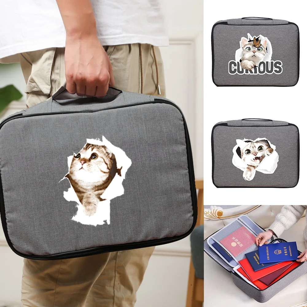Handbag File Holder Men Women Outdoor Travel Credentials Passport Storage Bag Cat Print Waterproof Documents Bags Organizer Case