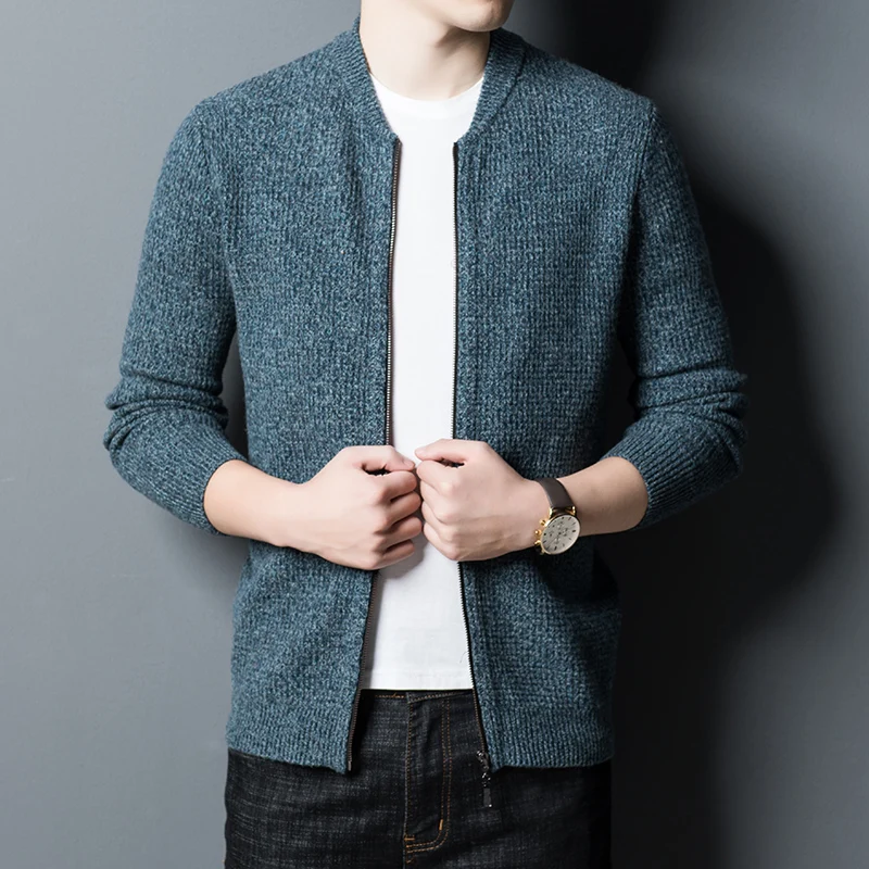 

Autumn and Winter 100% Pure Wool Zipper Men's Knitted Cardigan Pure Color Thickened Warm Men's Clothing Cardigan